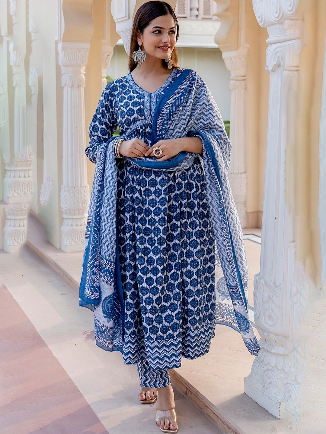 

KALINI Ethnic Motifs Printed Regular Anarkali Kurta With Trousers & Dupatta, Blue