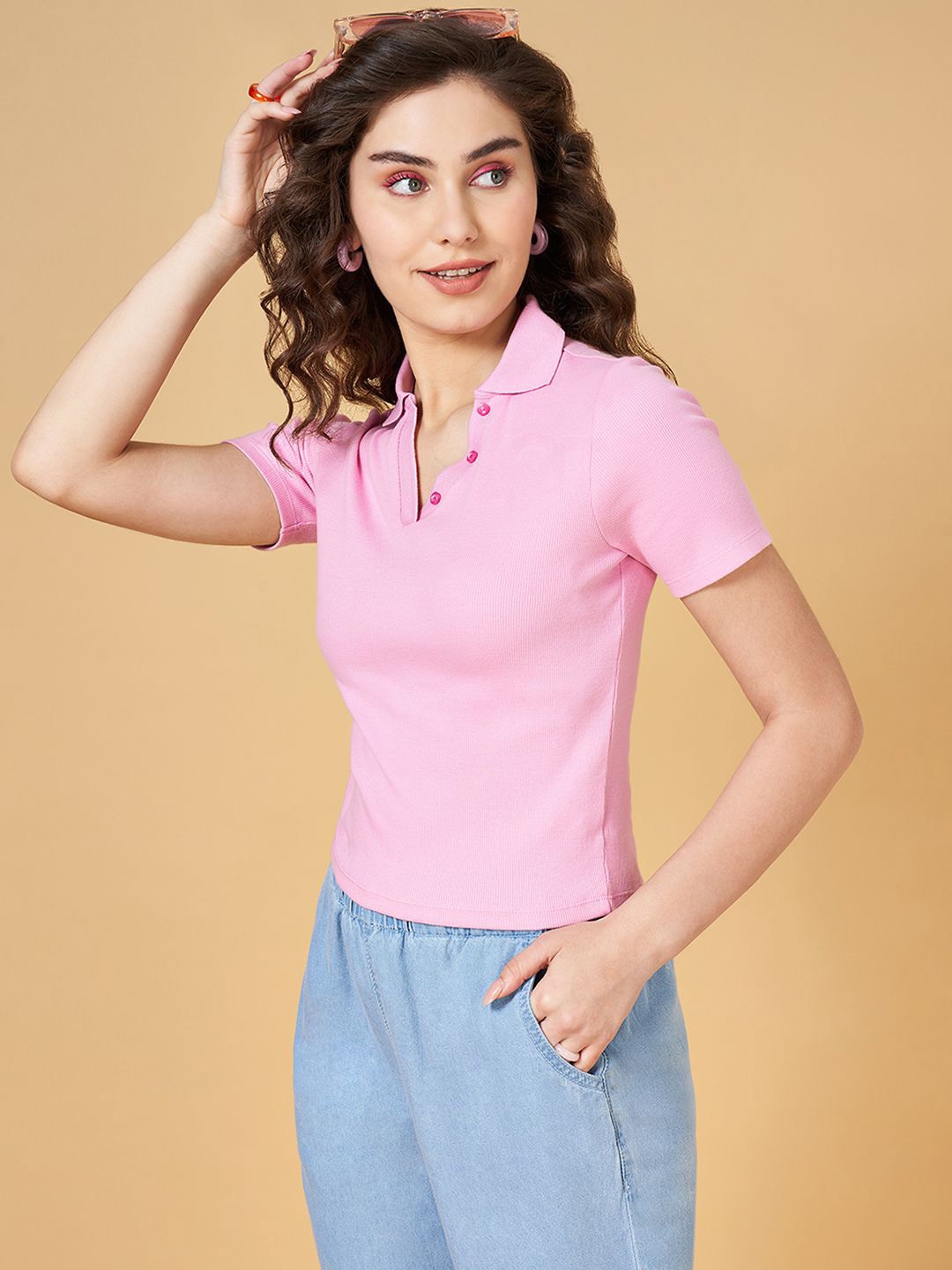 

People Shirt Collar Cotton Shirt Style Top, Pink