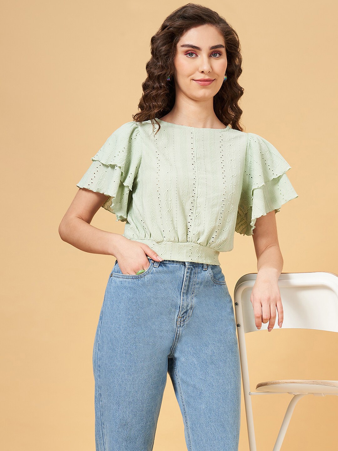 

People Floral Self Design Flutter Sleeves Regular Top, Green