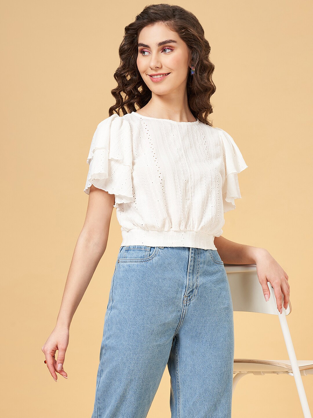 

People Flutter Sleeves Blouson Top, Off white
