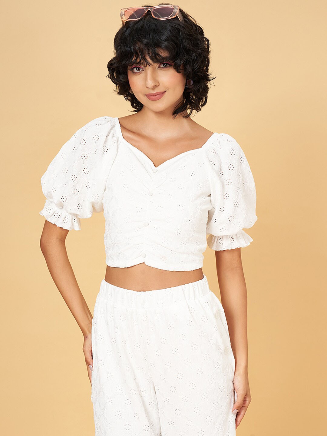 

People Sweetheart Neck Puff Sleeves Crop Top, Off white