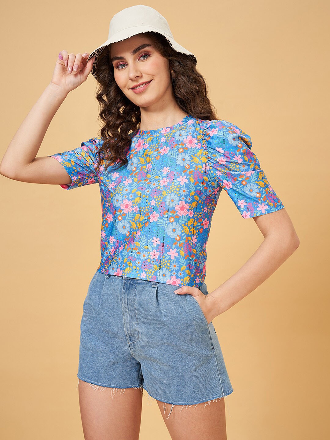 

People Floral Printed Puff Sleeves Regular Top, Blue