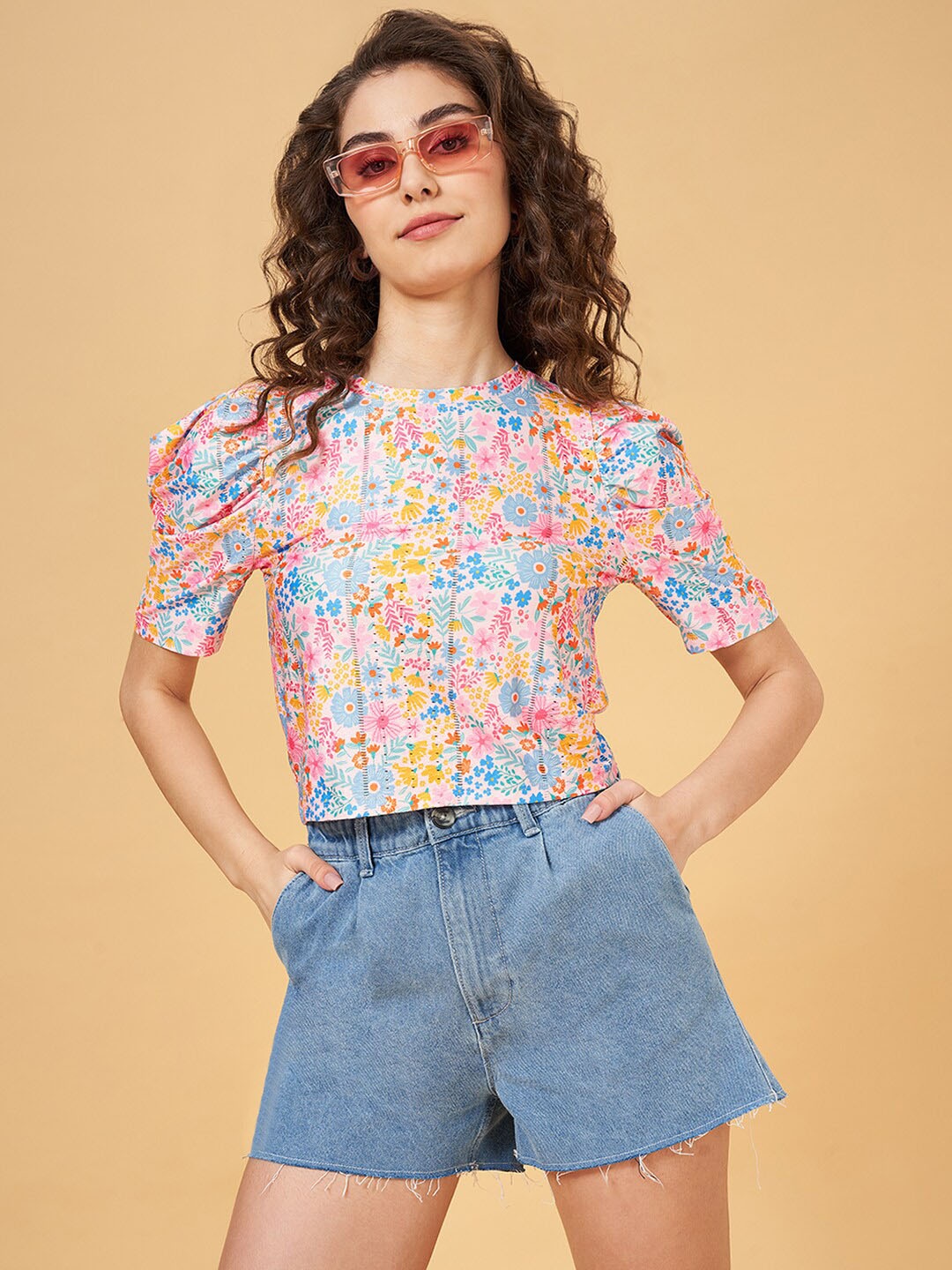 

People Floral Printed Puff Sleeves Regular Top, Pink