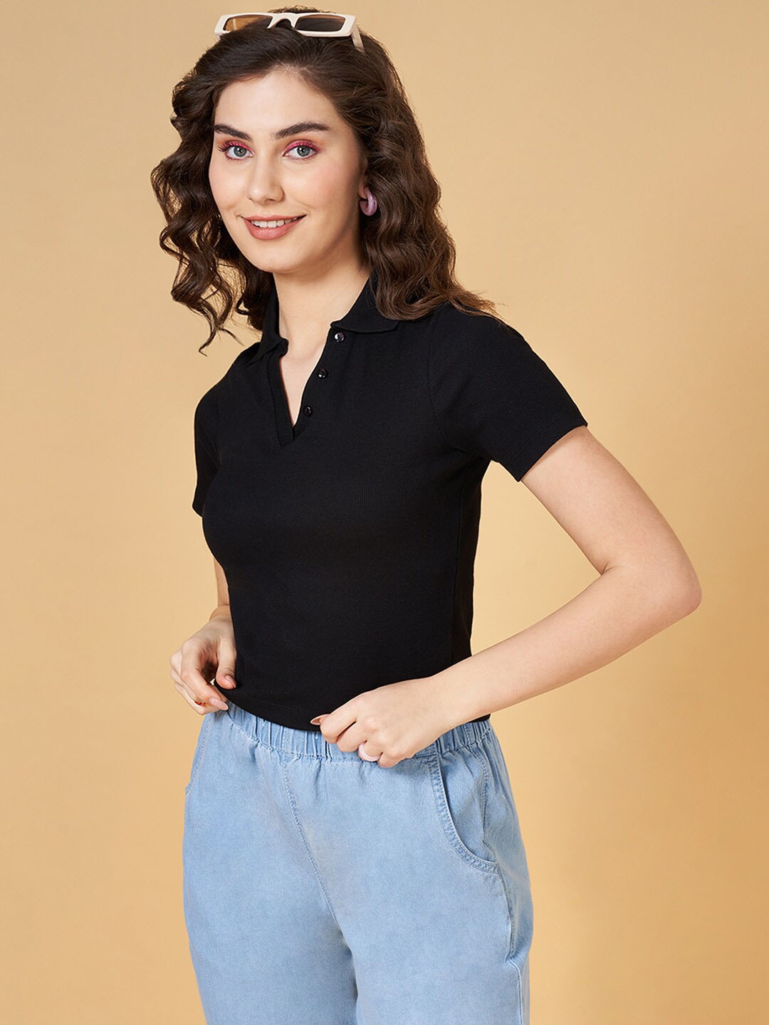 

People Shirt Collar Regular Top, Black
