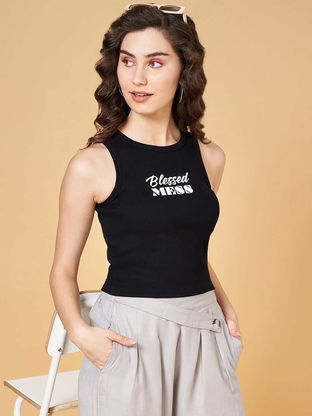 

People Printed Cotton Fitted Crop Top, Black