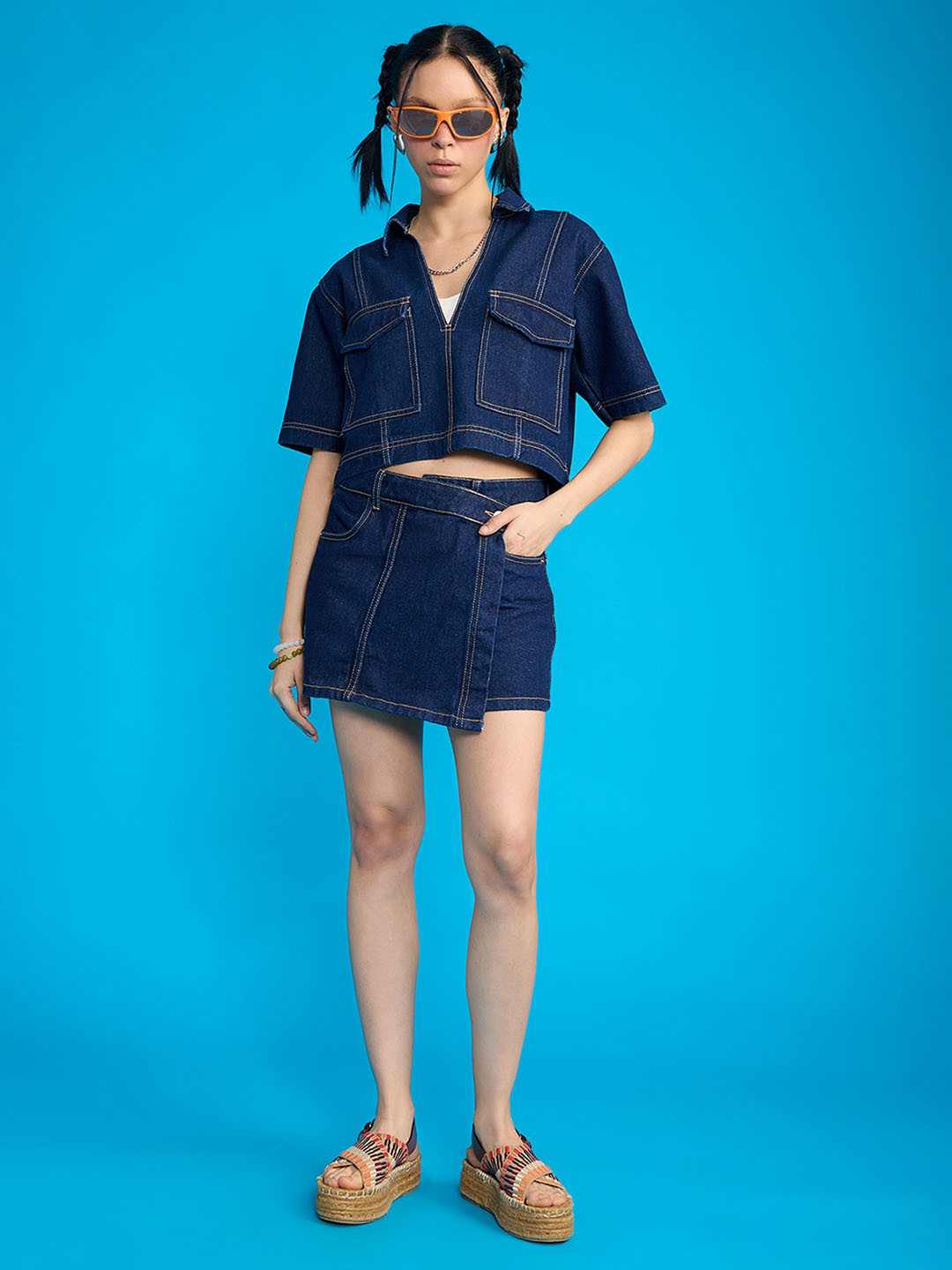 

FREAKINS Shirt Collar Cotton Denim Shirt Style Top, Blue