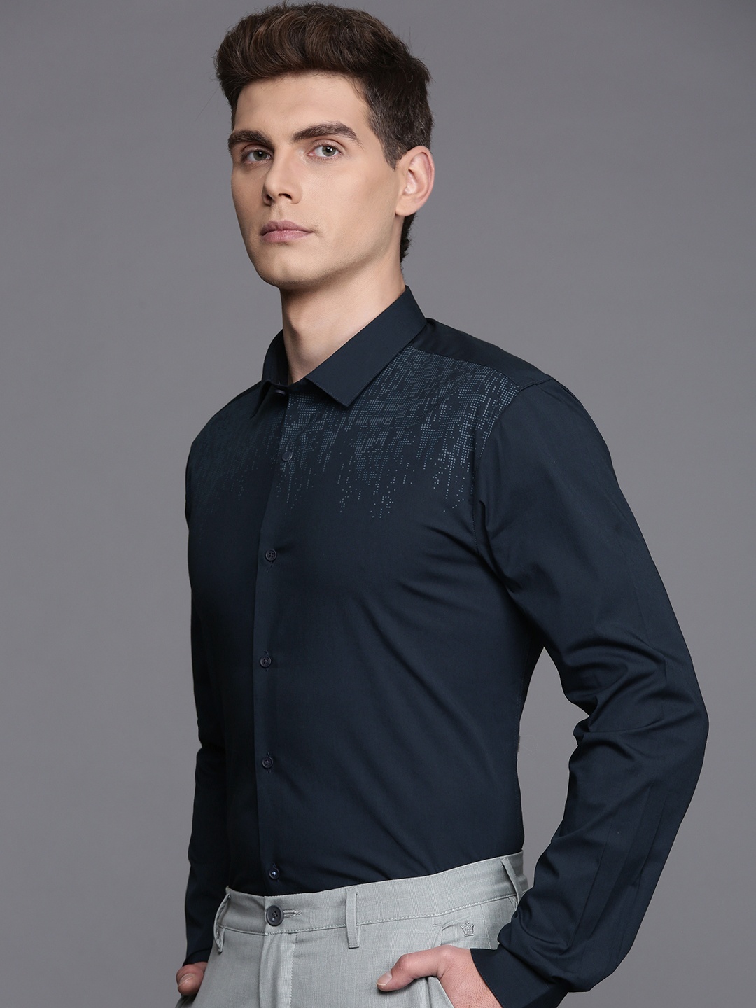 

Louis Philippe Ath.Work Super Slim Fit Opaque Printed Semiformal Shirt, Navy blue