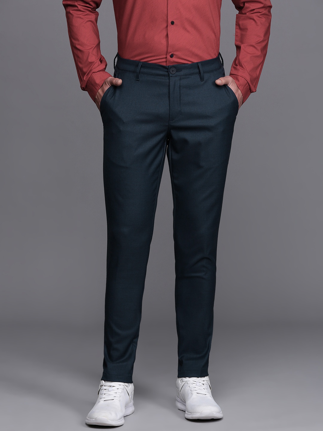 

Louis Philippe Ath.Work Men Comfort Tapered Fit Smart Casual Trousers, Navy blue