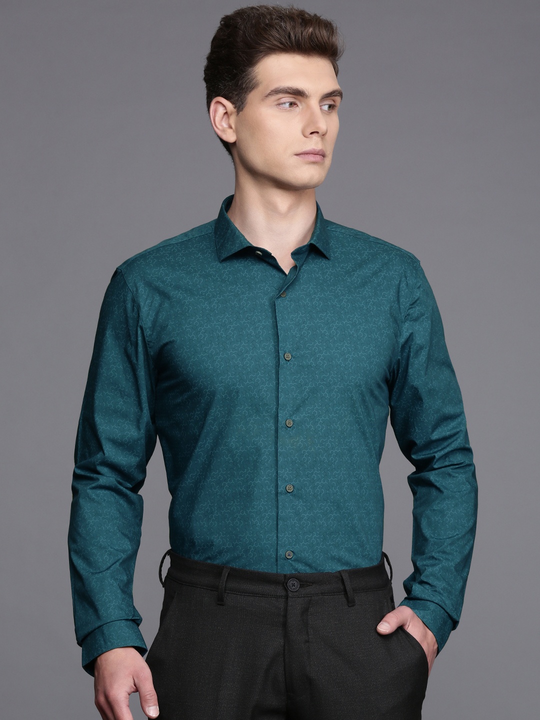 

Louis Philippe Ath.Work Super Slim Fit Opaque Printed Semiformal Shirt, Teal