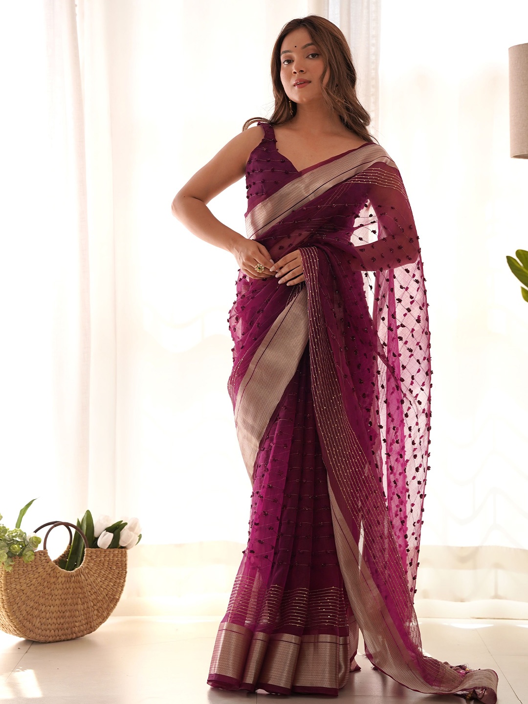 

KALINI Striped Sequinned Organza Bhagalpuri Saree, Burgundy