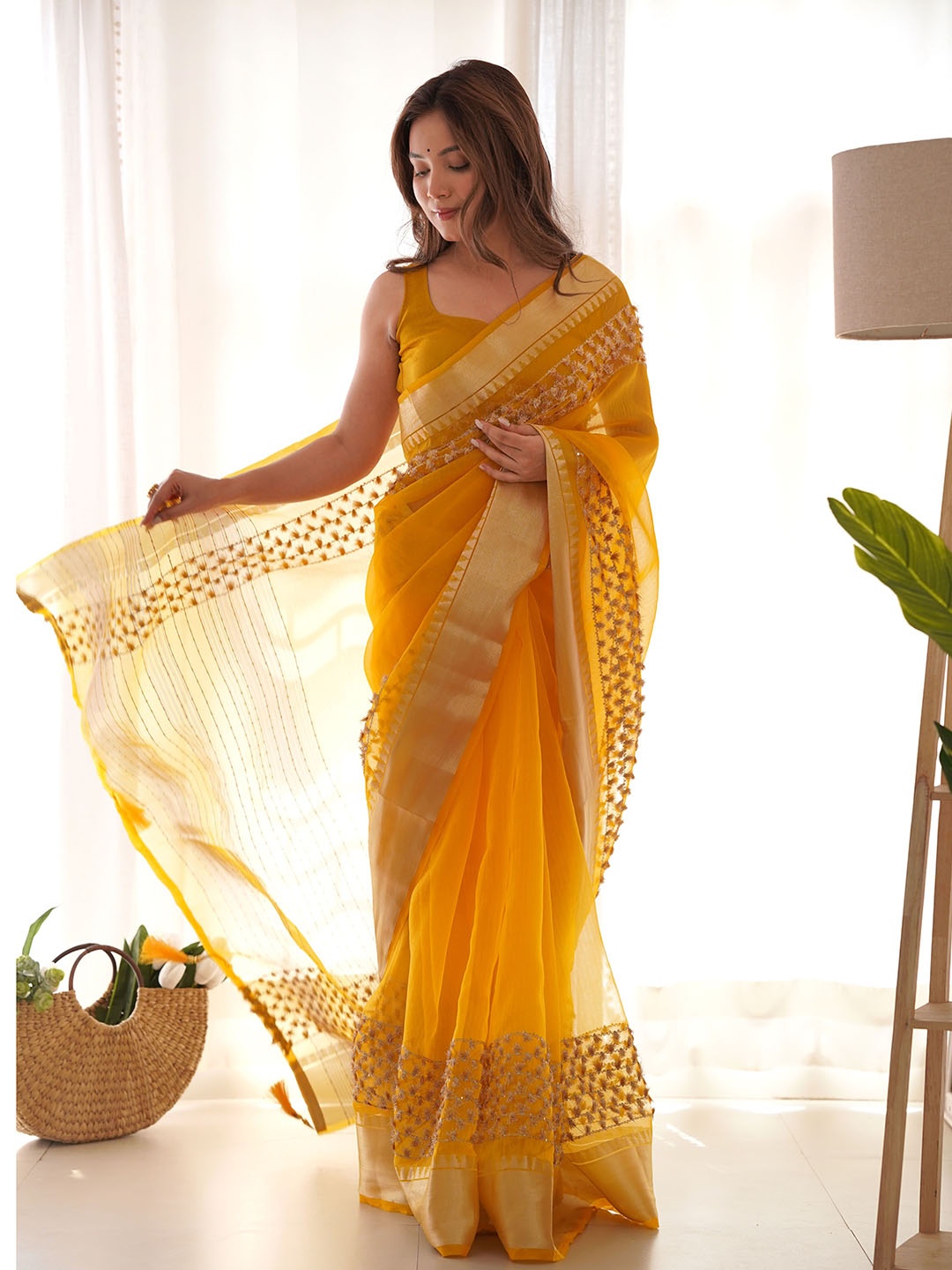 

KALINI Zari Organza Saree, Yellow