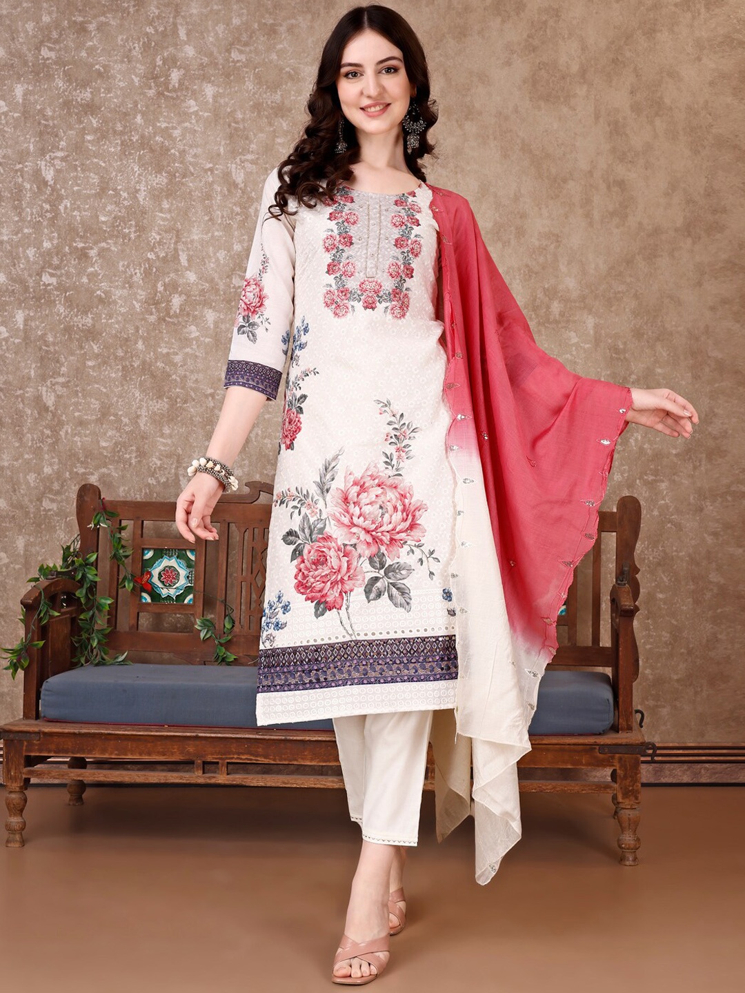 

KALINI Floral Embroidered Beads And Stones Cotton Straight Kurta With Trousers & Dupatta, Cream