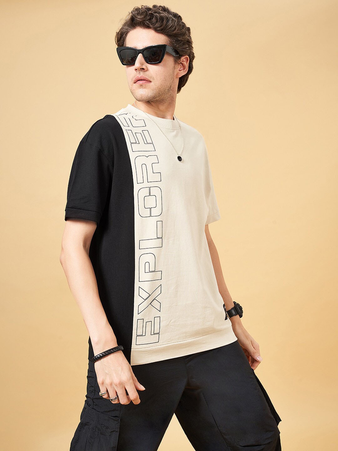 

Street 808 by Pantaloons Typography Drop-Shoulder Sleeves Oversized Cotton Casual T-shirt, Off white