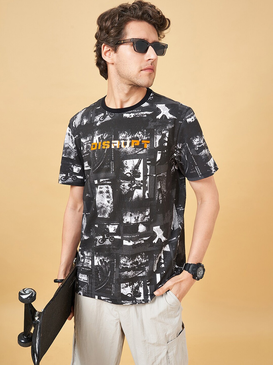 

Street 808 by Pantaloons Graphic Printed Round Neck Regular Fit Cotton Casual T-shirt, Black