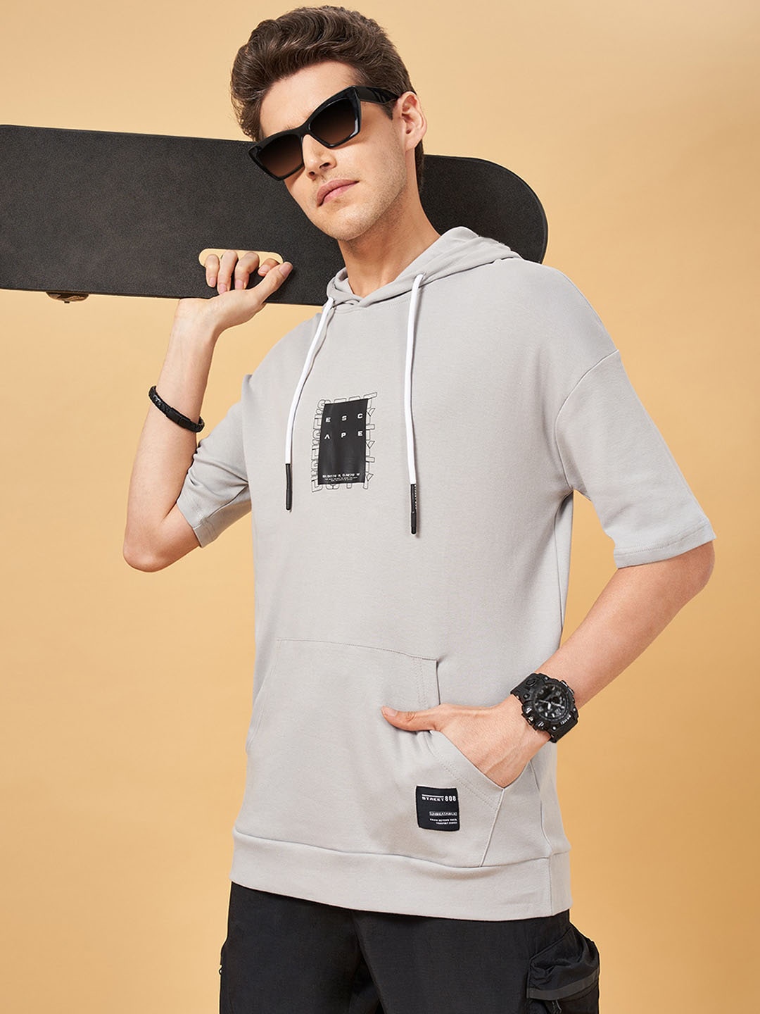 

Street 808 by Pantaloons Printed Drop-Shoulder Sleeves Hooded Cotton Oversized T-shirt, Grey