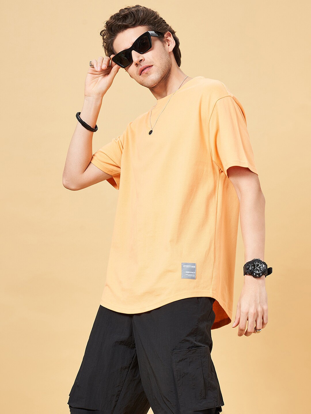 

Street 808 by Pantaloons Round Neck Drop-Shoulder Sleeves Pure Cotton Casual T-shirt, Peach