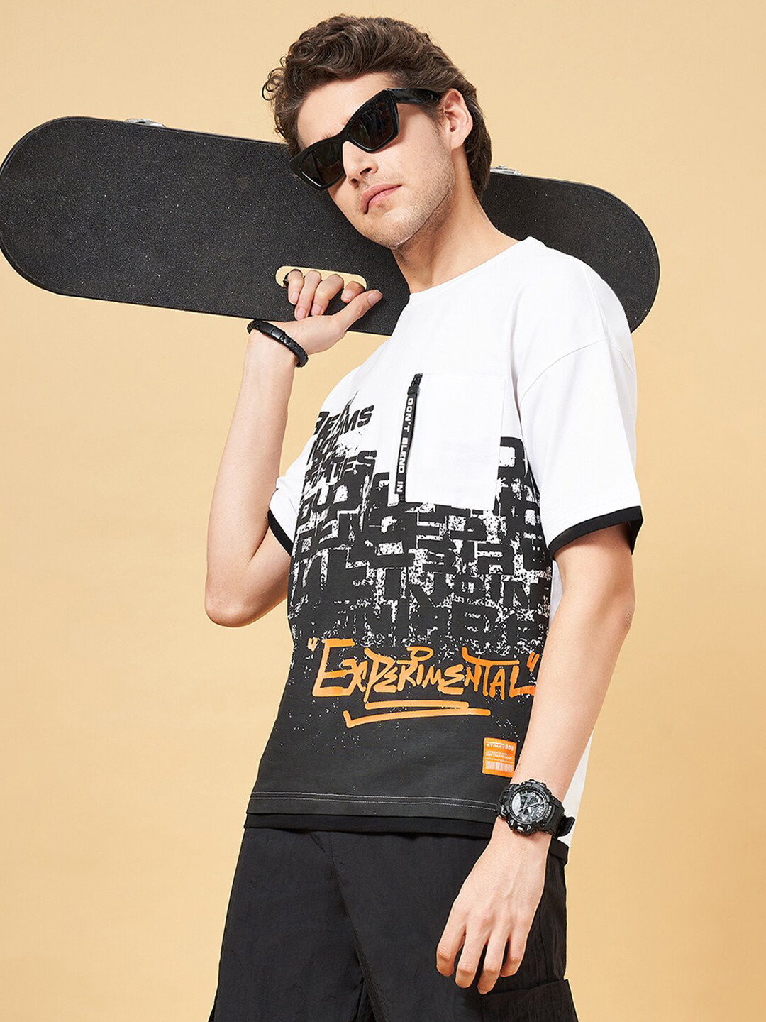 

Street 808 by Pantaloons Typography Printed Drop-Shoulder Sleeves Boxy T-shirt, Off white