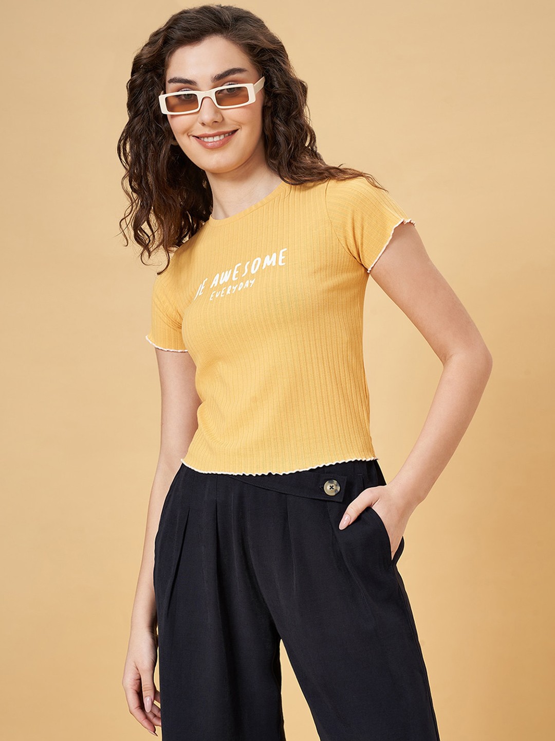 

People Round Neck Short Sleeves Typography Printed Slim Fit T-shirt, Yellow