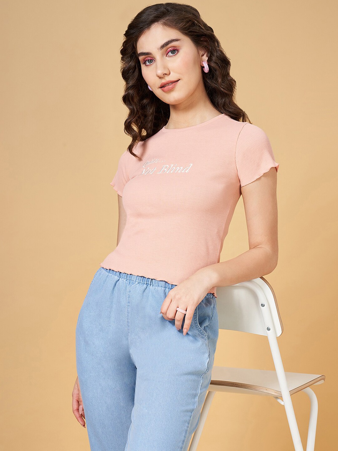 

People Round Neck Short Sleeves Typography Printed Slim Fit T-shirt, Peach