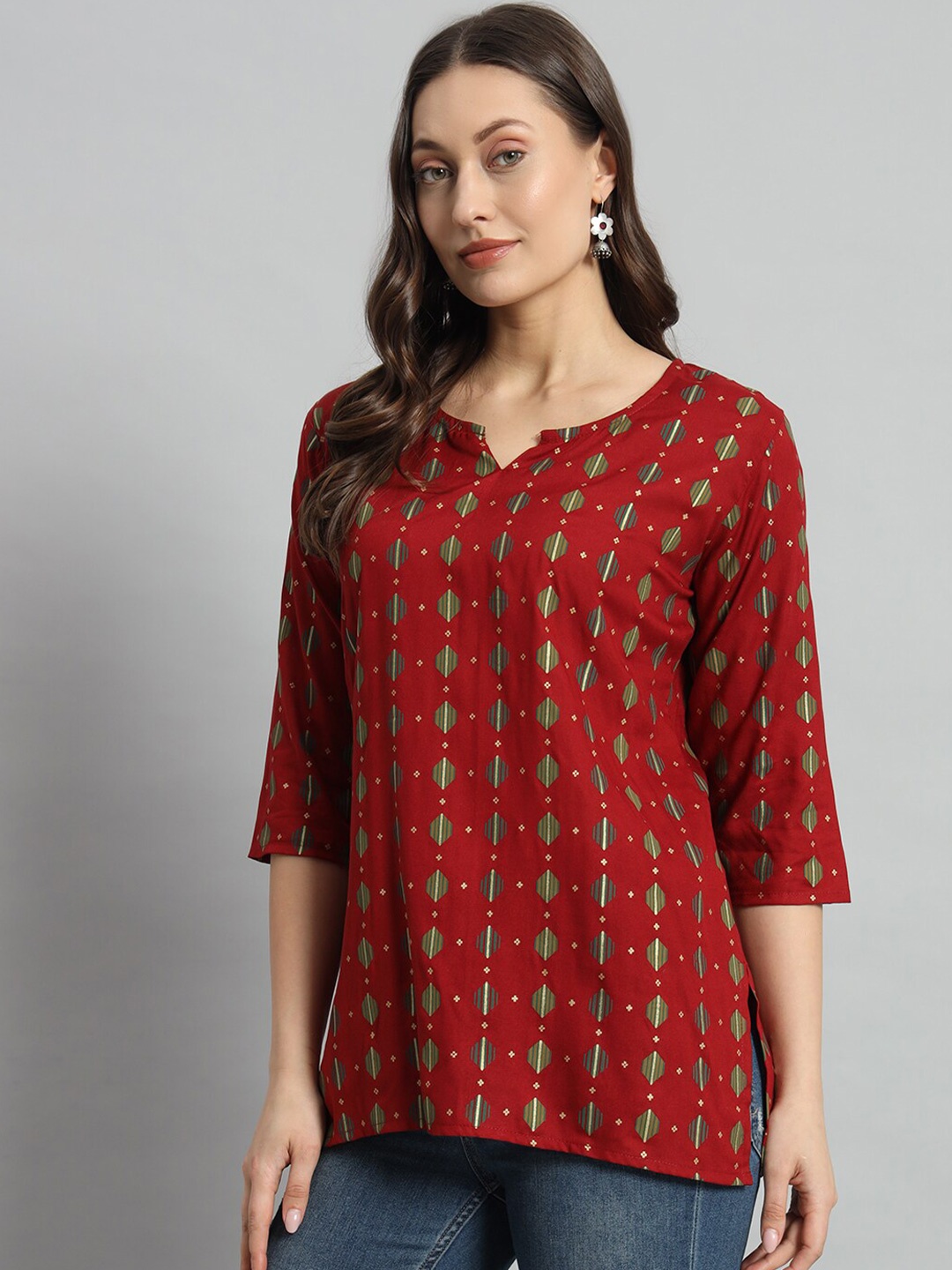 

Mialo fashion Floral Printed Notch Neck Straight Kurti, Maroon