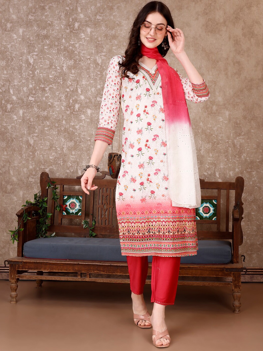 

KALINI Floral Embroidered Pure Cotton Straight Kurta With Trousers & Dupatta, Pink
