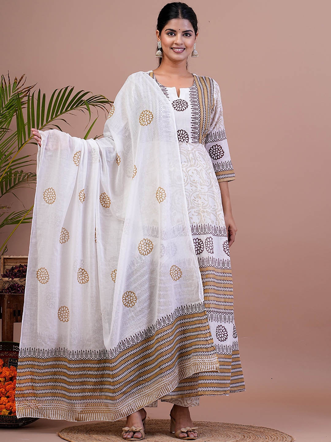 

SIGNORIA Floral Printed Regular Pure Cotton A-Line Kurta with Trousers & Dupatta, Off white