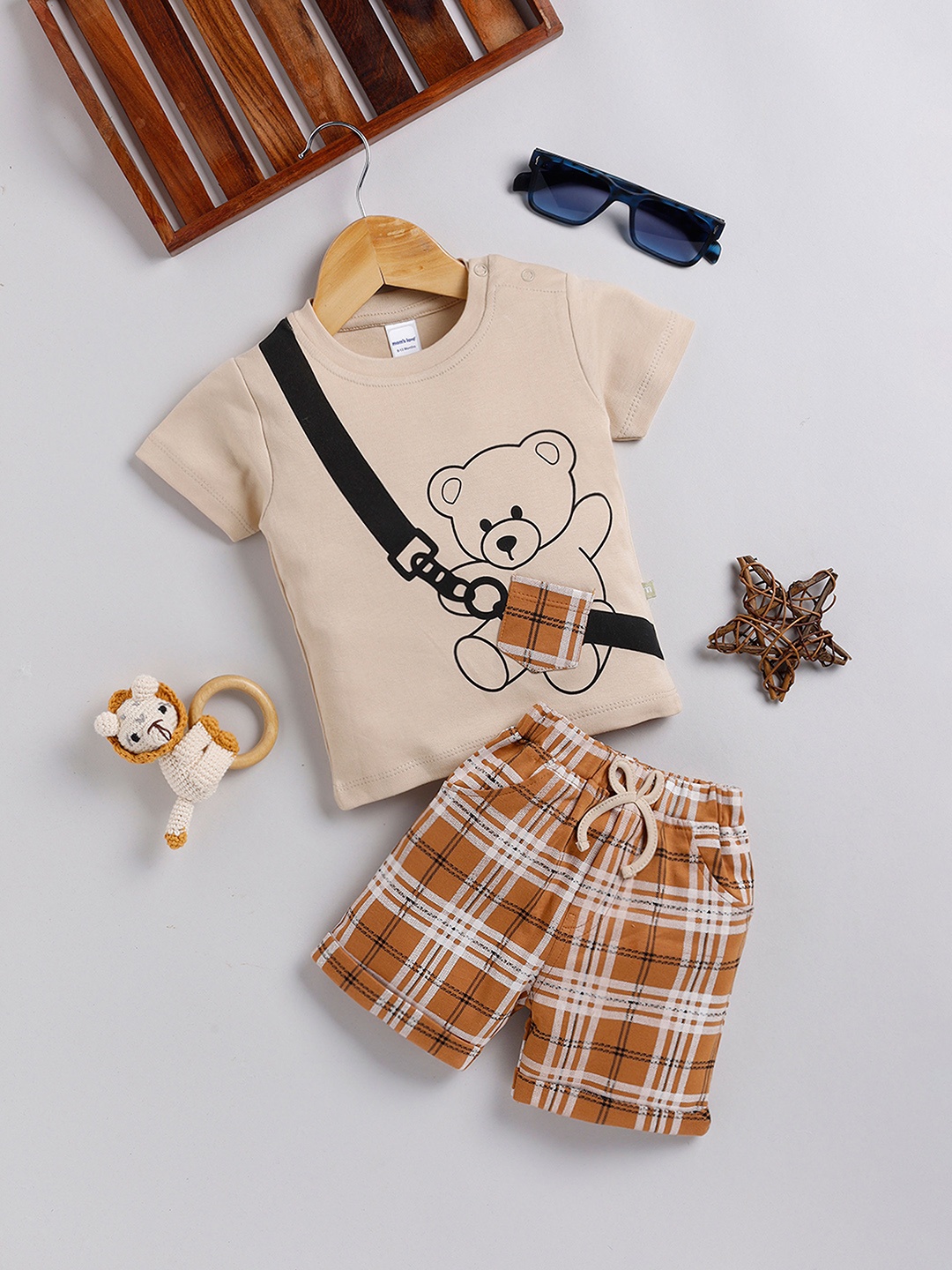 

Moms Love Infant Boys Cotton Printed T-shirt with Checked Shorts, Beige