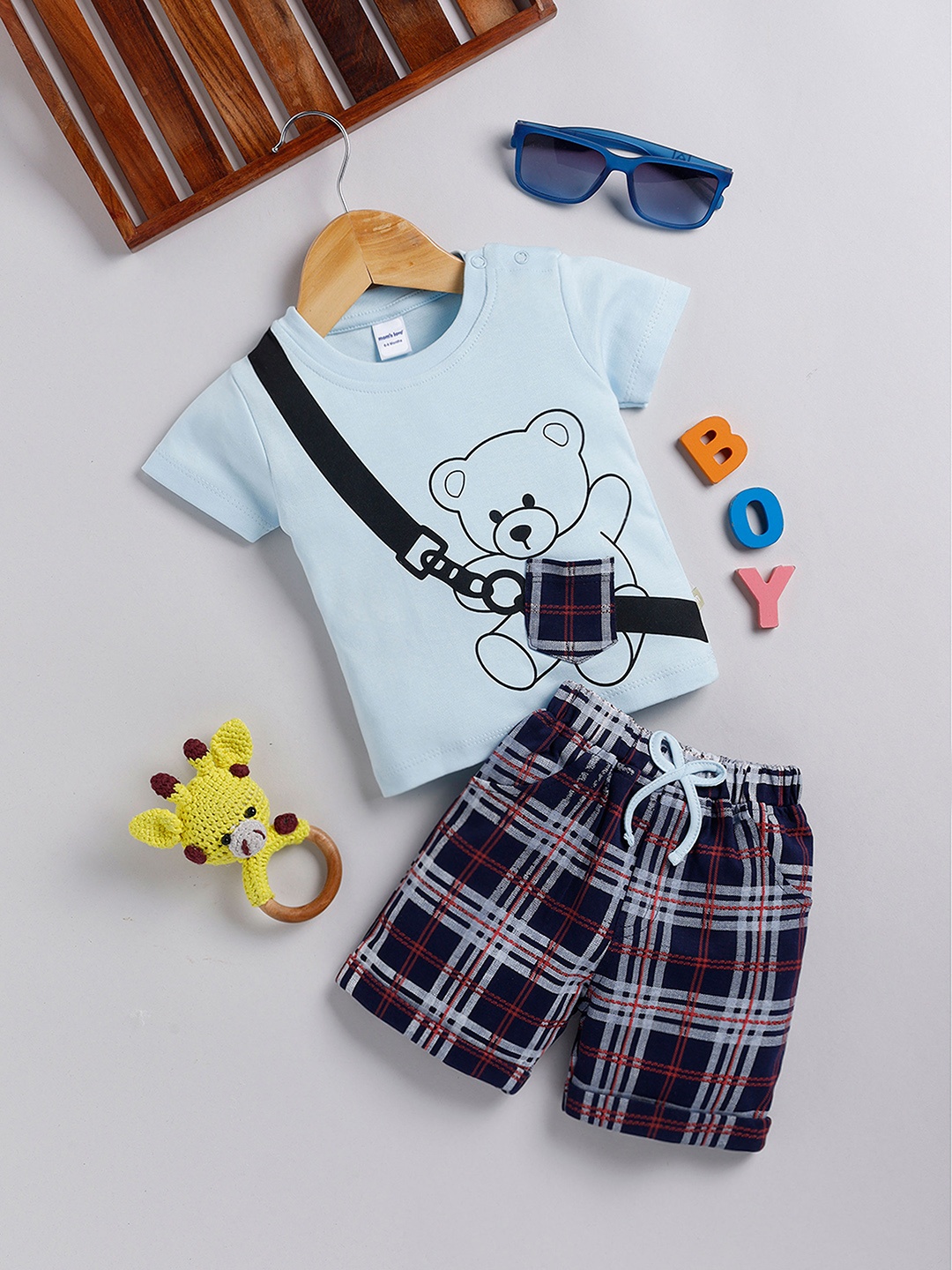 

Moms Love Infant Boys Cotton Printed T-shirt with Checked Shorts, Blue