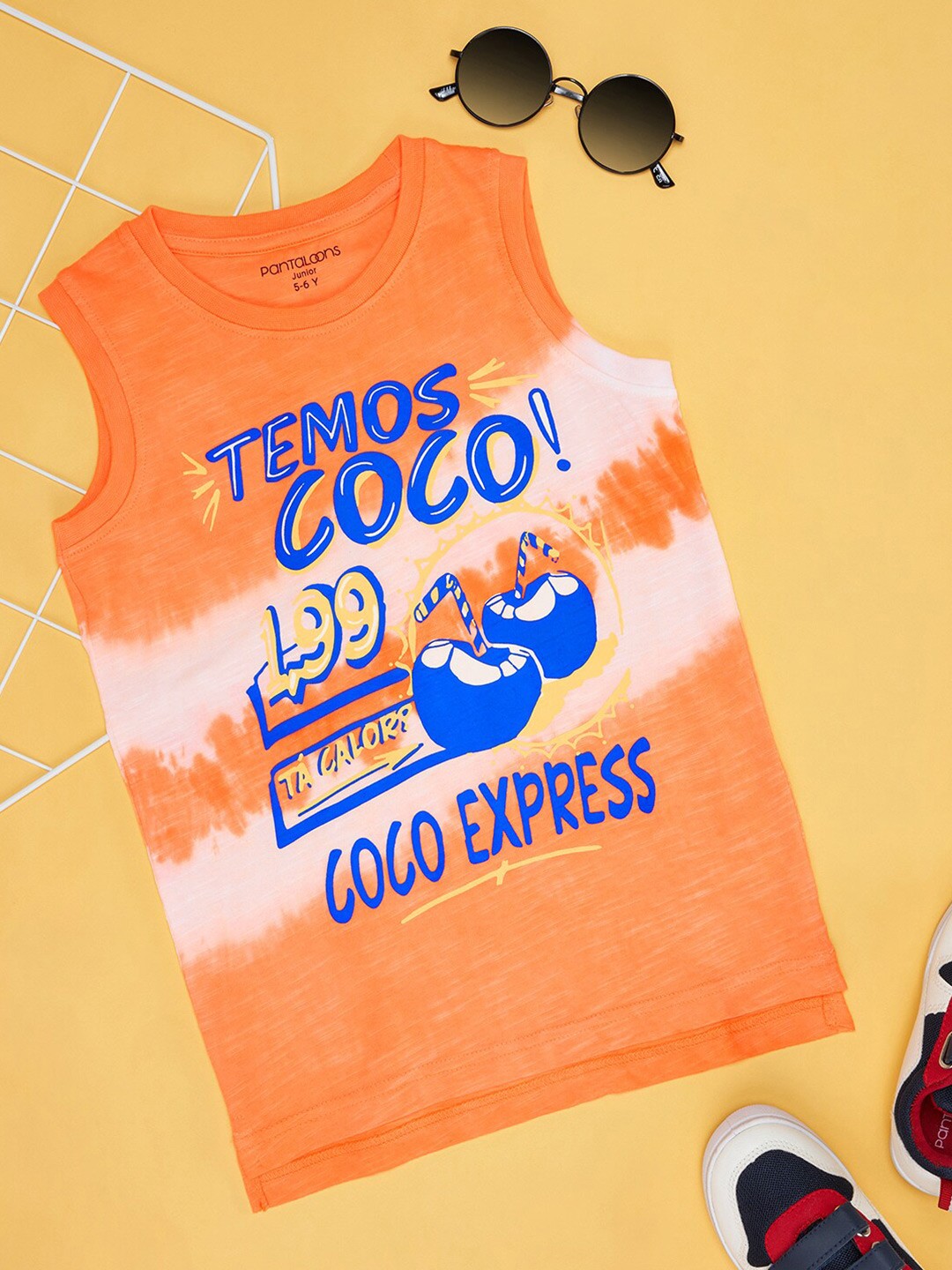 

Pantaloons Junior Boys Round Neck Printed Sleeveless Cotton T-shirt, Orange