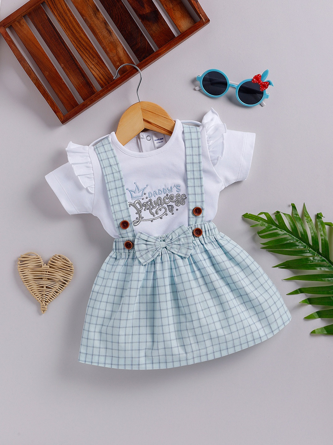 

Moms Love Infant Girls Pure Cotton Printed Top with Checked Skirt, Blue