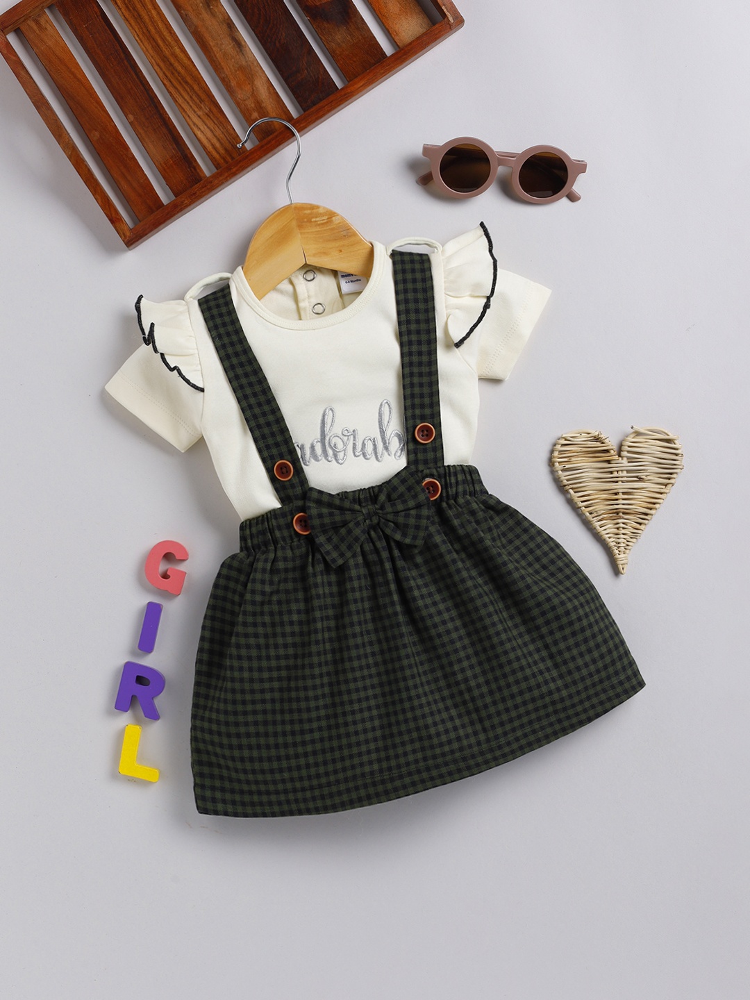 

Moms Love Infant Girls Pure Cotton Printed Top with Checked Skirt, Olive