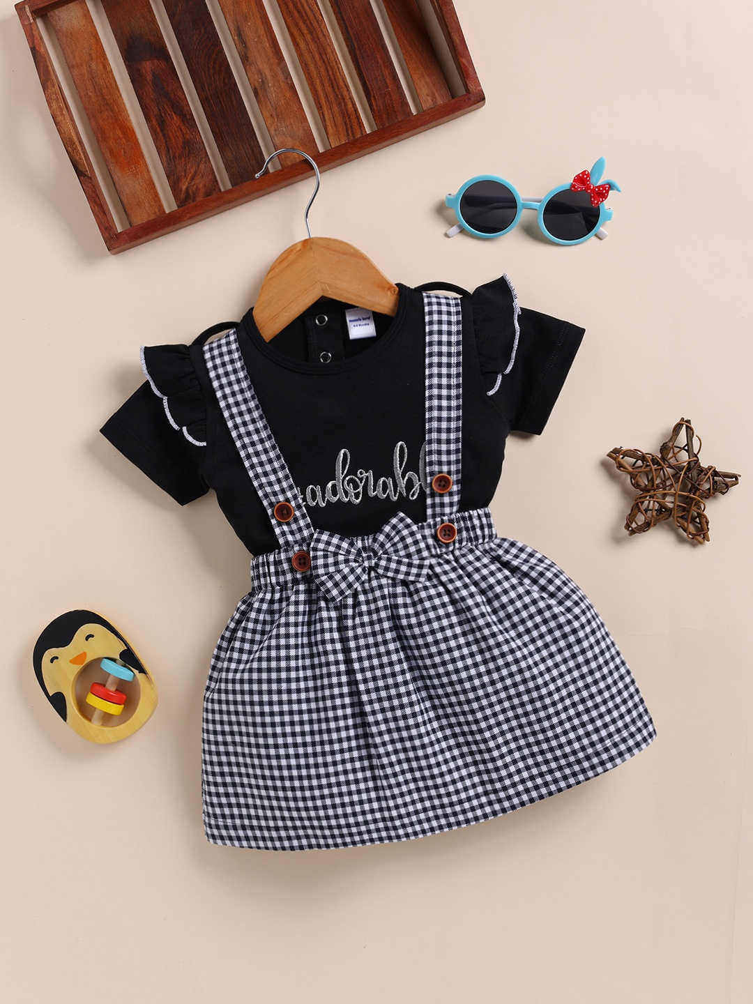 

Moms Love Infant Girls Pure Cotton Printed Top with Checked Skirt, Black