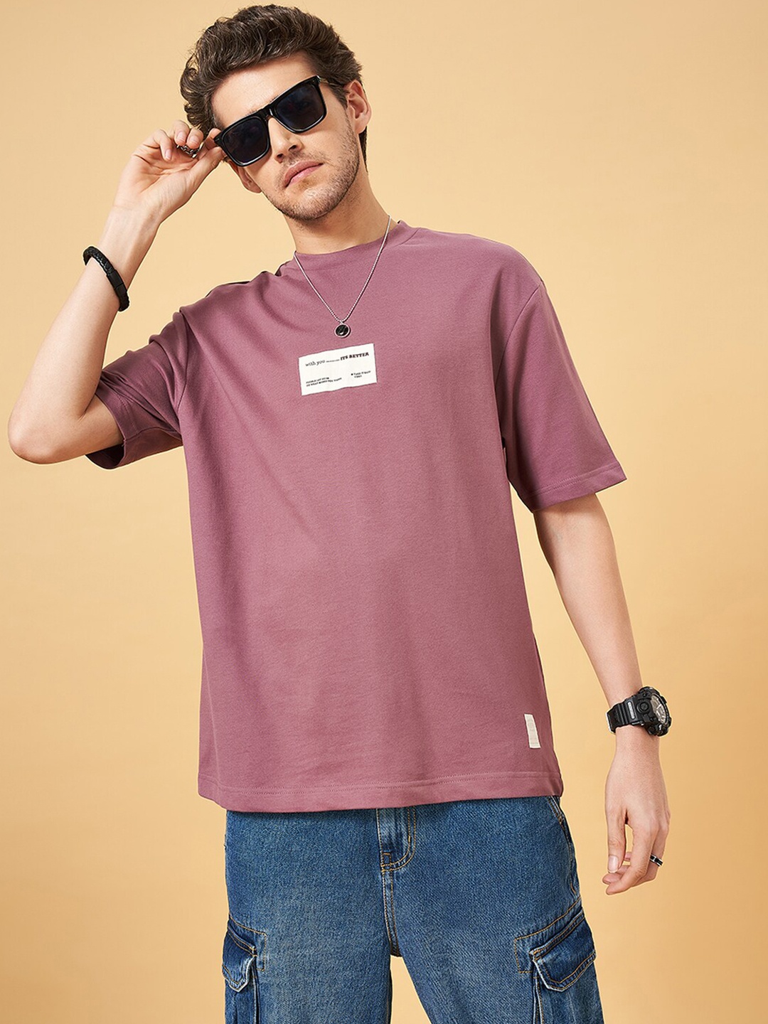 

People Round Neck Cotton Boxy T-shirt, Mauve