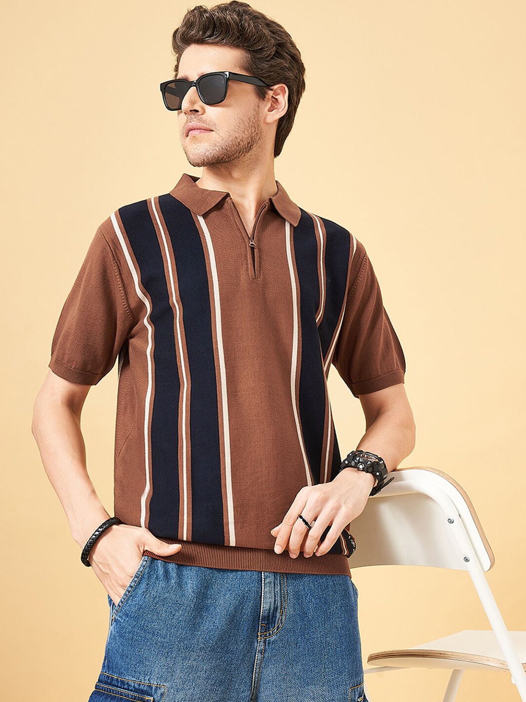 

People Striped Polo Collar Extended Sleeves Regular Fit Cotton T-shirt, Tan