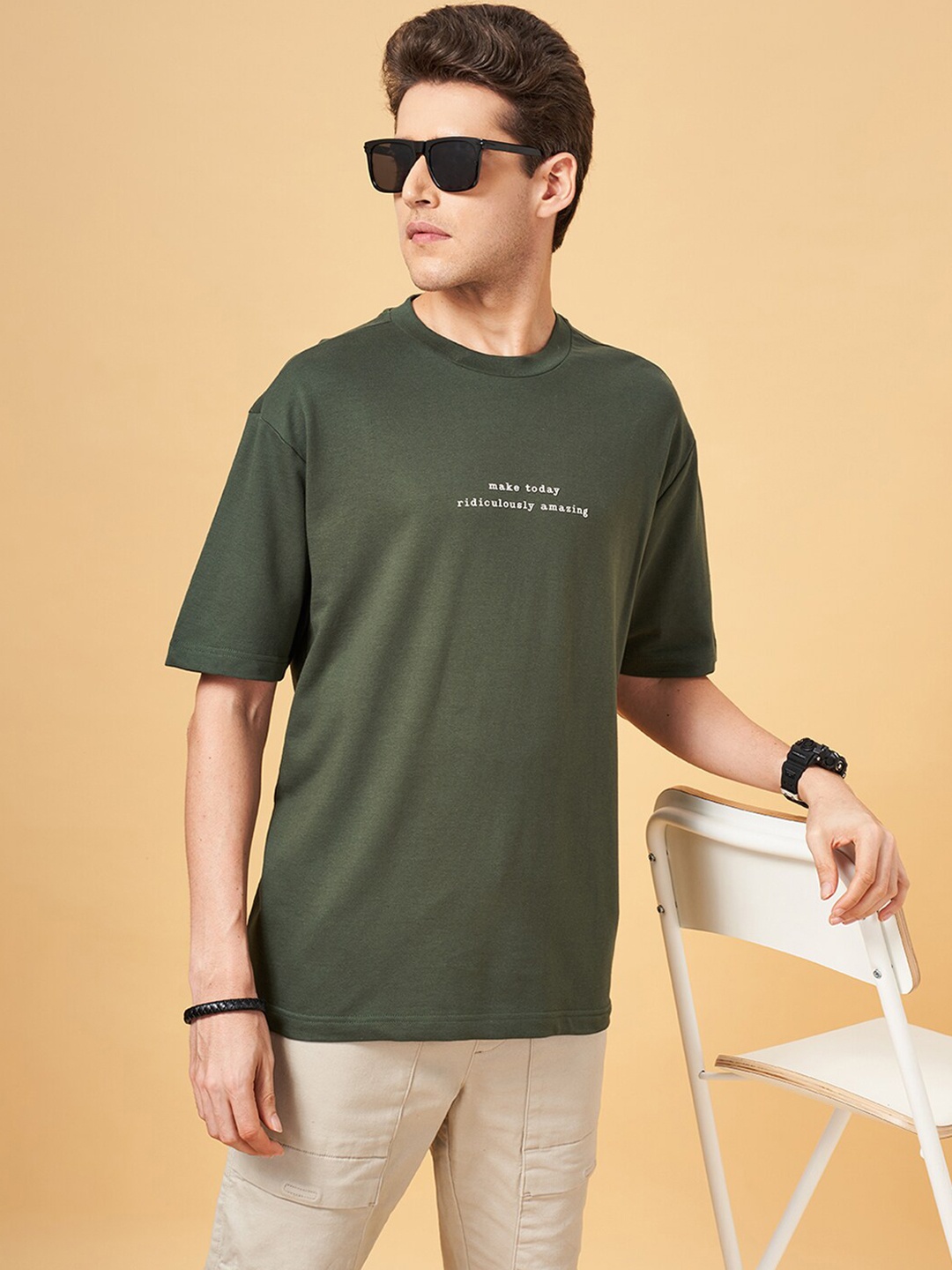 

People Round Neck Drop Shoulder Sleeves Typography Printed Cotton Boxy T-shirt, Green