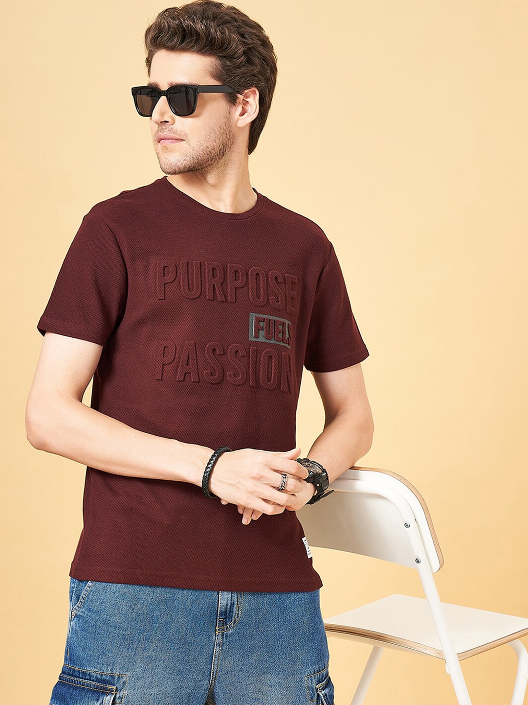 People Round Neck Typography Printed Cotton Slim Fit T-shirt, Red