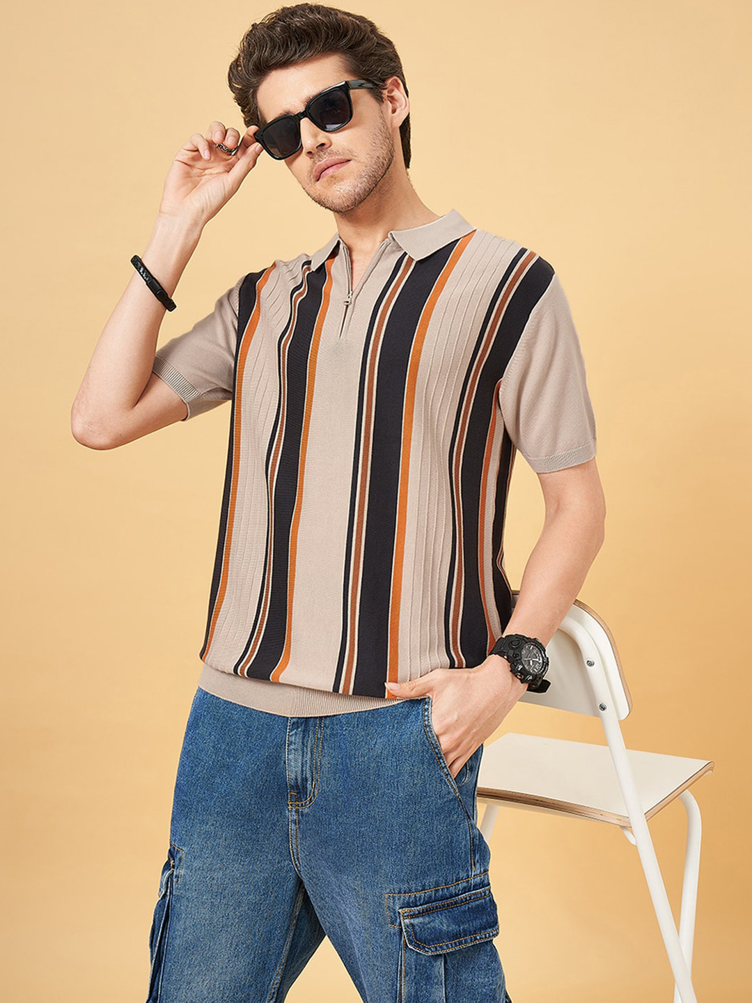 

People Cream Striped Polo Collar Drop-Shoulder Sleeves Pure Cotton Casual T-shirt