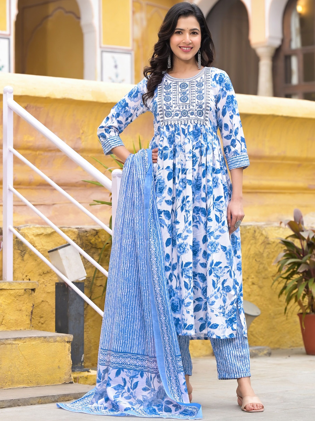 

KALINI Floral Printed Regular Thread Work A-Line Kurta With Trousers & Dupatta, Blue