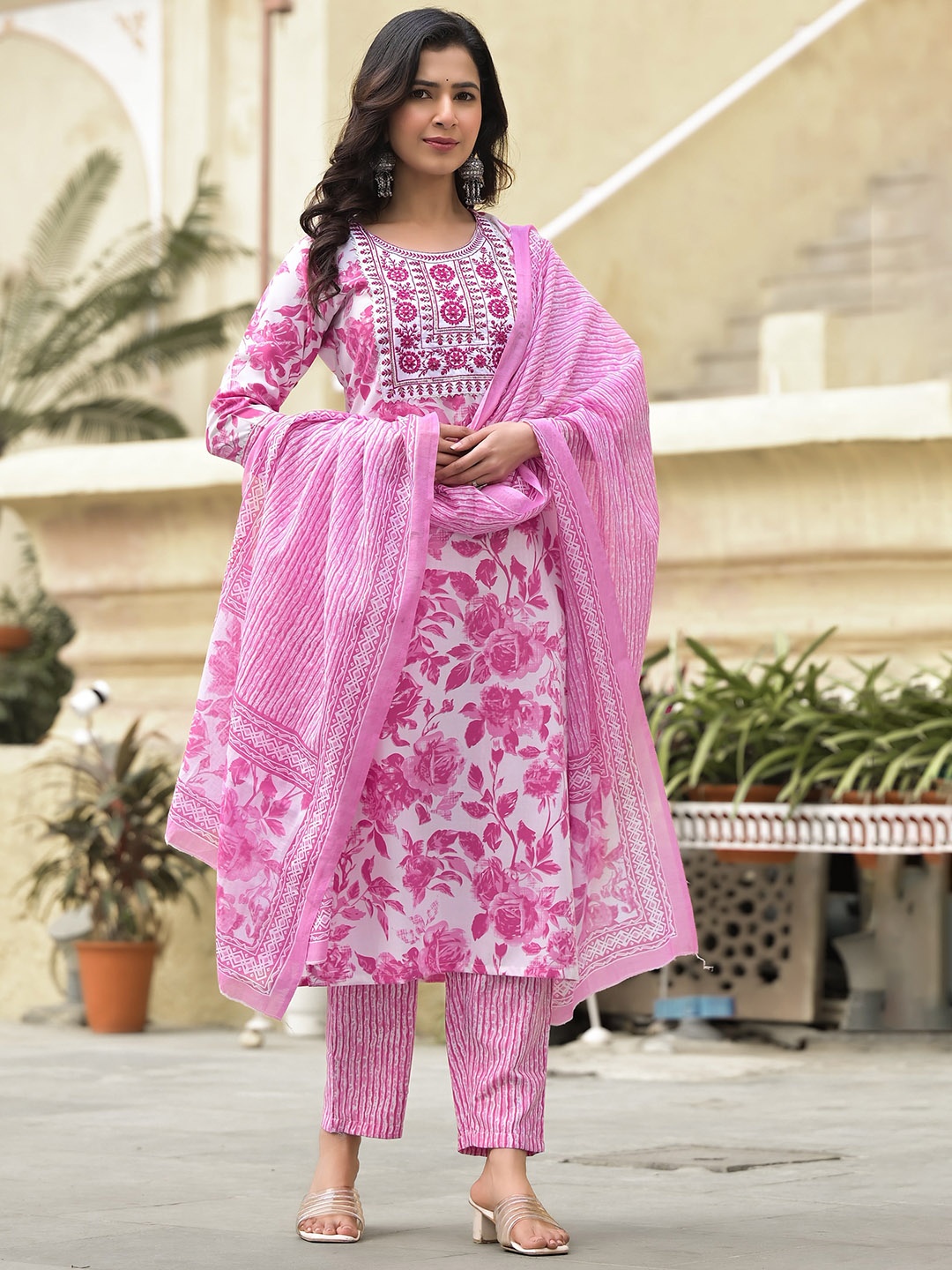 

KALINI Floral Printed Embroidered Thread Work Straight Kurta With Trousers & Dupatta, Pink