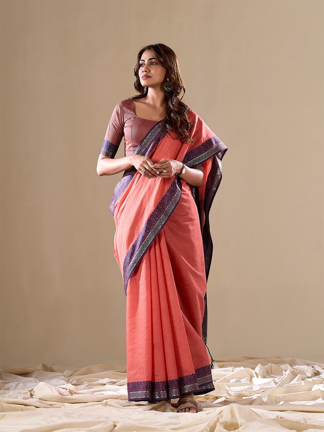 

elora Pure Cotton Handloom Saree, Peach