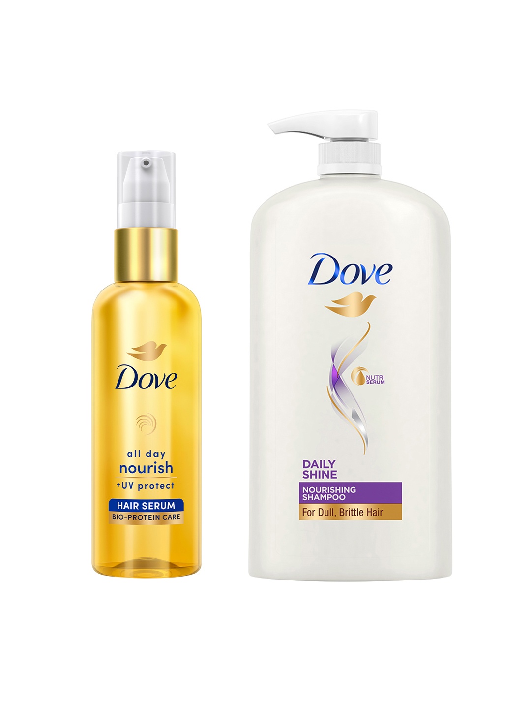 

Dove Daily Shine Shampoo For Dull Hair 1L & All Day Nourish Hair Serum 48ml, White