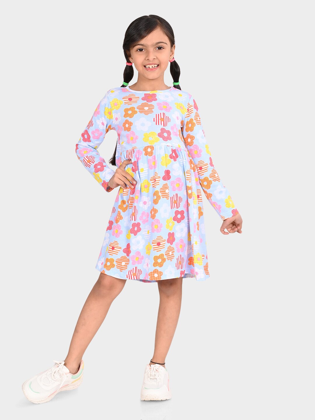 

BONKIDS Girls Floral Print Cotton A-Line Dress, Blue