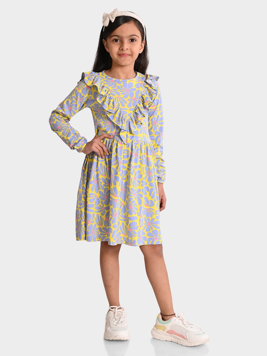 

BONKIDS Girls Floral Print Cotton Fit & Flare Dress, Yellow