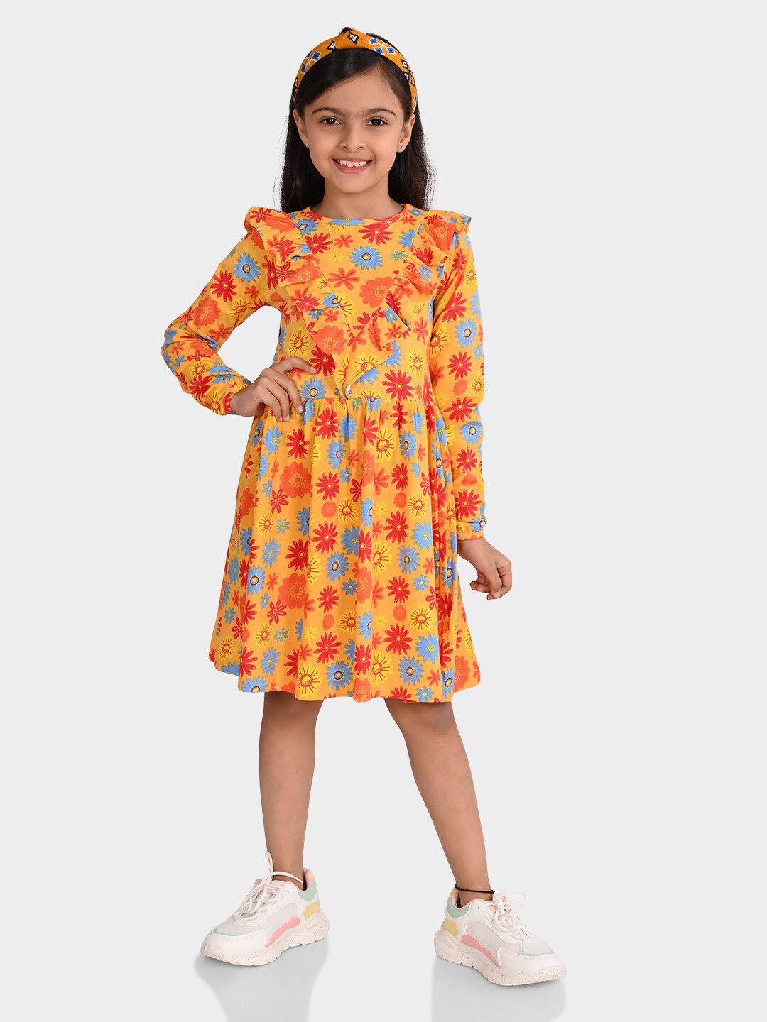 

BONKIDS Girls Floral Print Cotton Fit & Flare Dress, Mustard