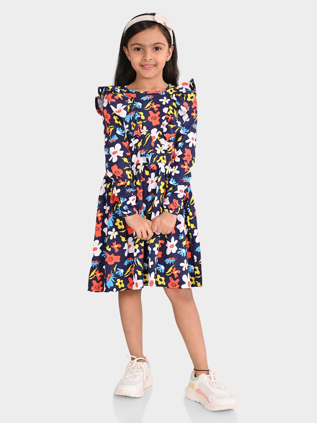 

BONKIDS Girls Floral Print Cotton Fit & Flare Dress, Navy blue