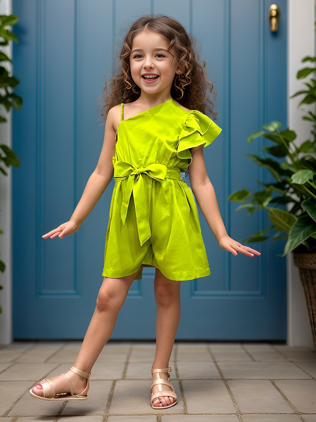 

A.T.U.N. One Shoulder Short Sleeves A-Line Dress, Lime green