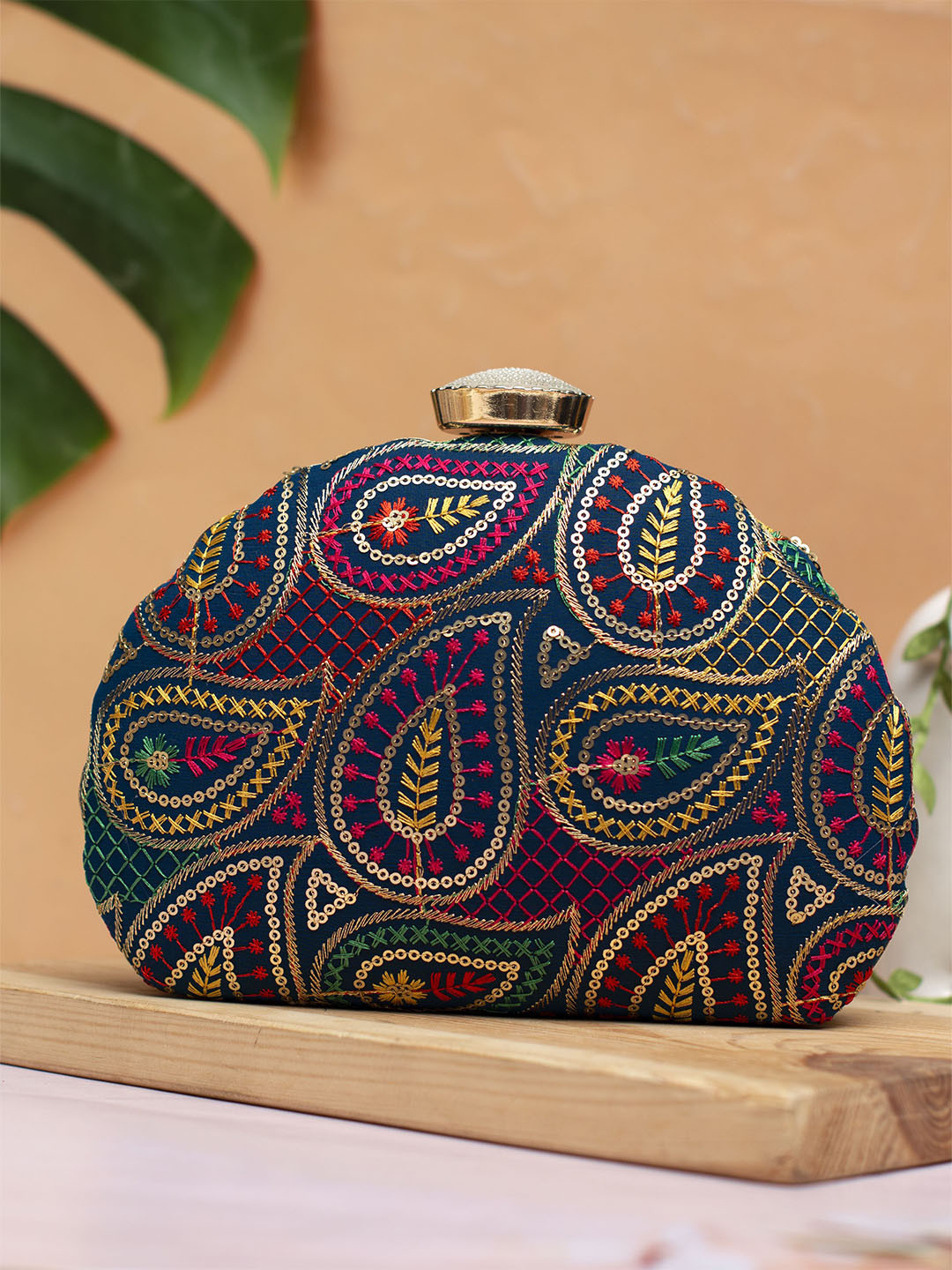 

ARTKLIM Sequins Embroidered Box Clutch, Blue