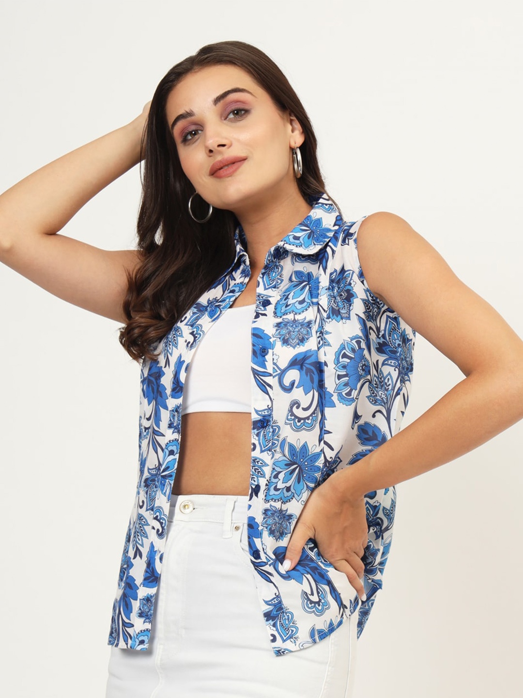 

CHARMGAL Classic Floral Printed Sleeveless Casual Shirt, Blue