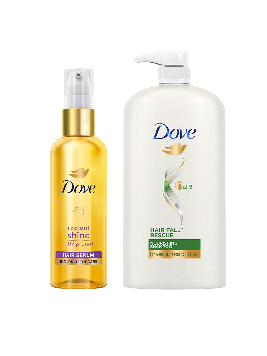 

Dove Hair Fall Rescue Shampoo For Weak Hair 1L & Radiant Shine UV Protect Hair Serum 48ml, White