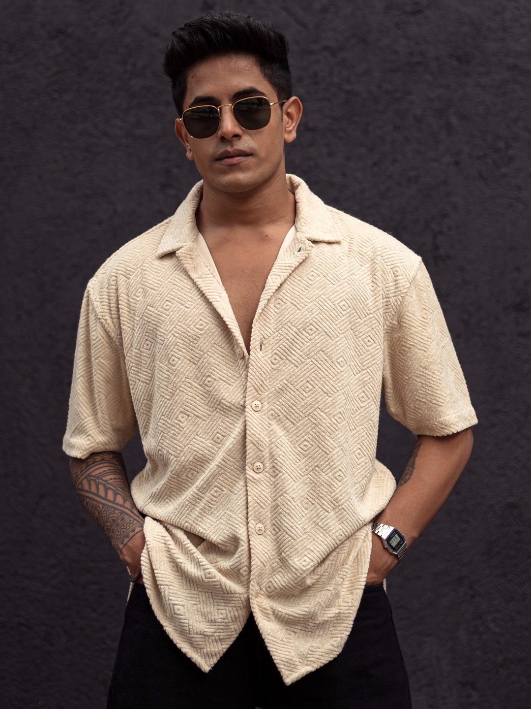 

Powerlook Cream India Slim Oversized Fit Self Design Textured Spread Collar Shirt